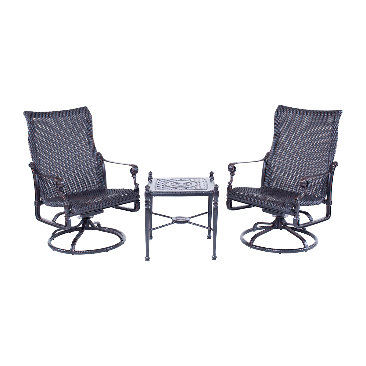 Square End Table: 21" W  x 21" D x 23.5" H 
Woven Swivel Lounge Chair: 30" W x  28.5" D x 43" H