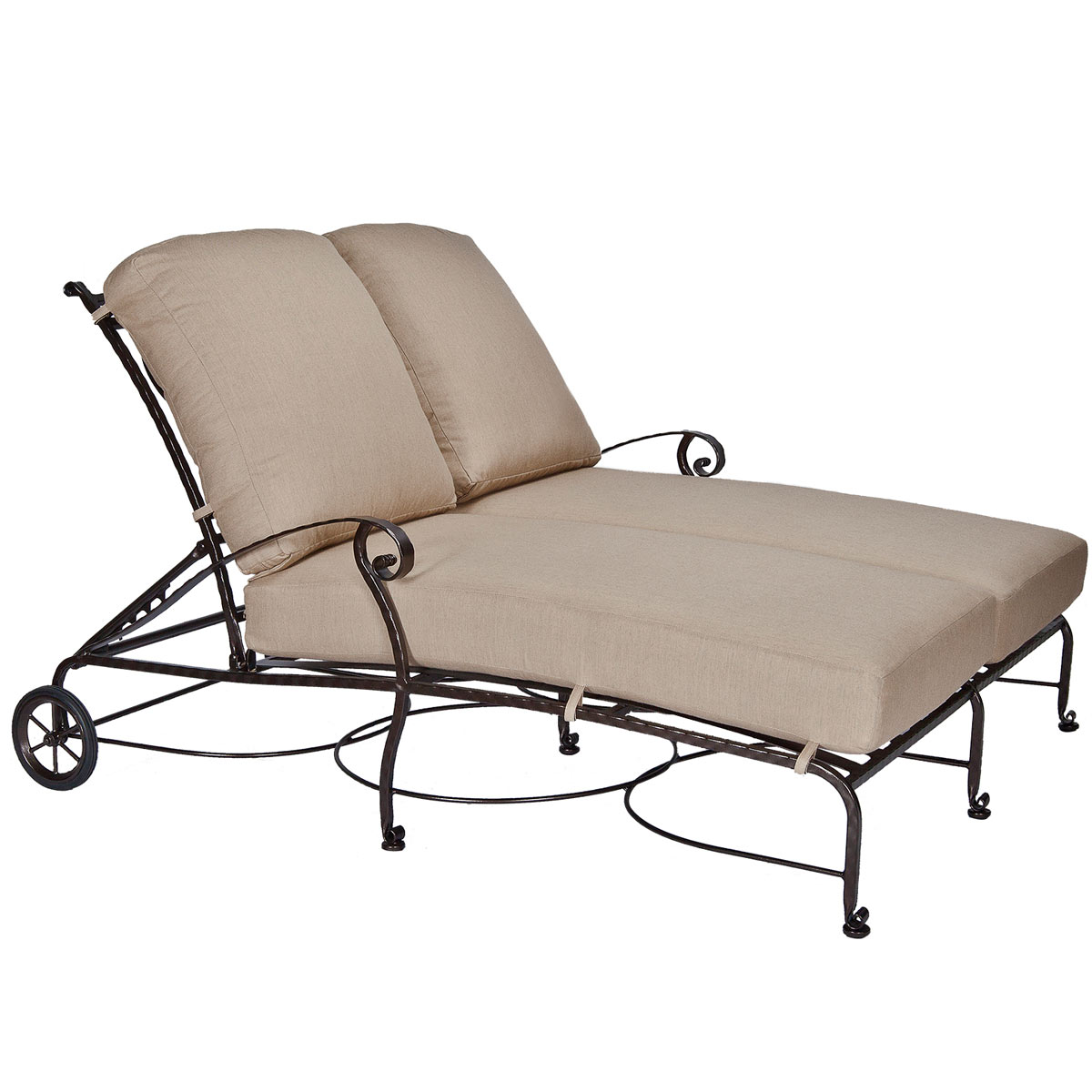 Adjustable Double Chaise:
Width/Diameter :	57.75
Depth/Length:	69.5
Height:	41.75
Seat Height:	17.75
Arm Height:	24.25
Weight:	195
 