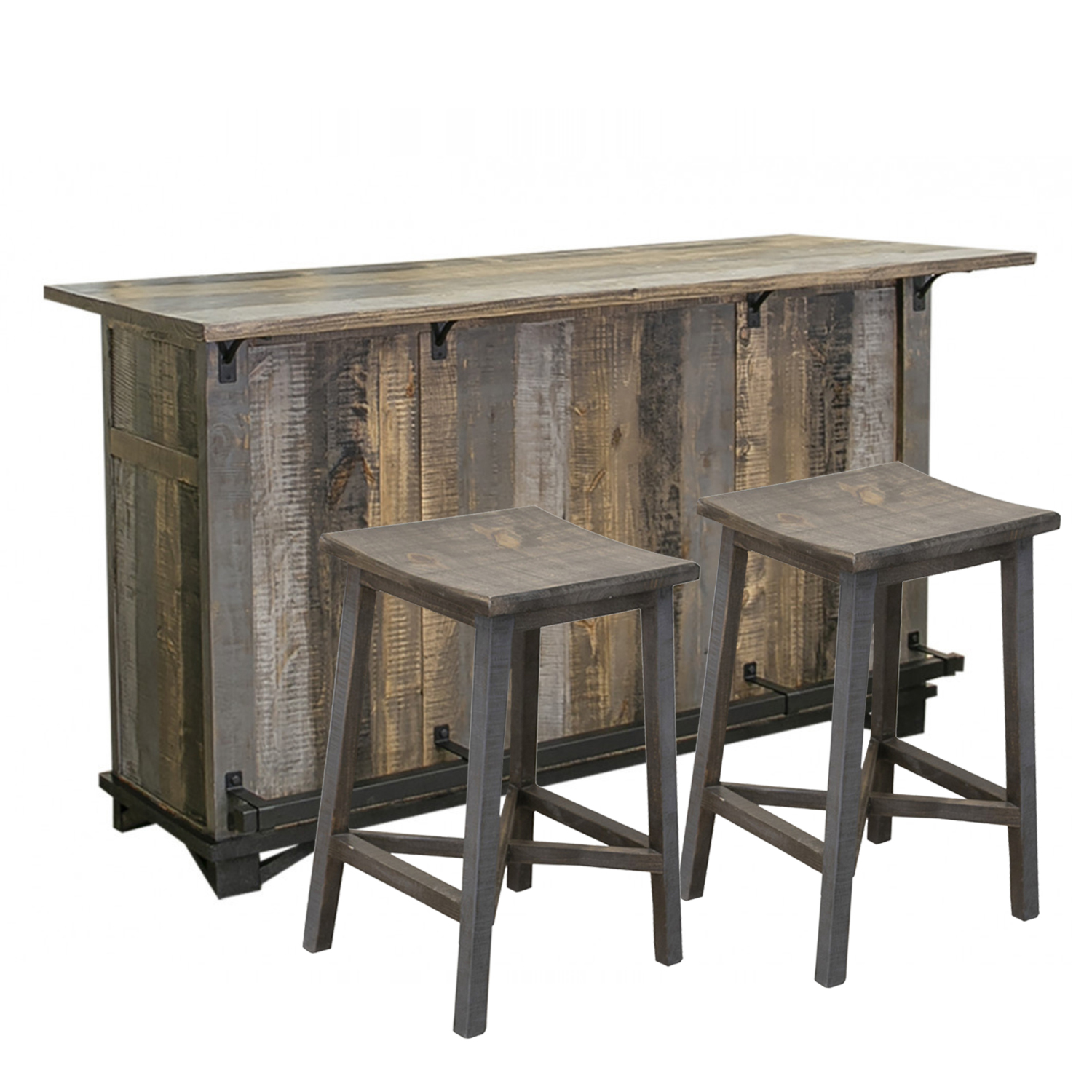 76" Studio Gray Bar W/2 Wood Barstools